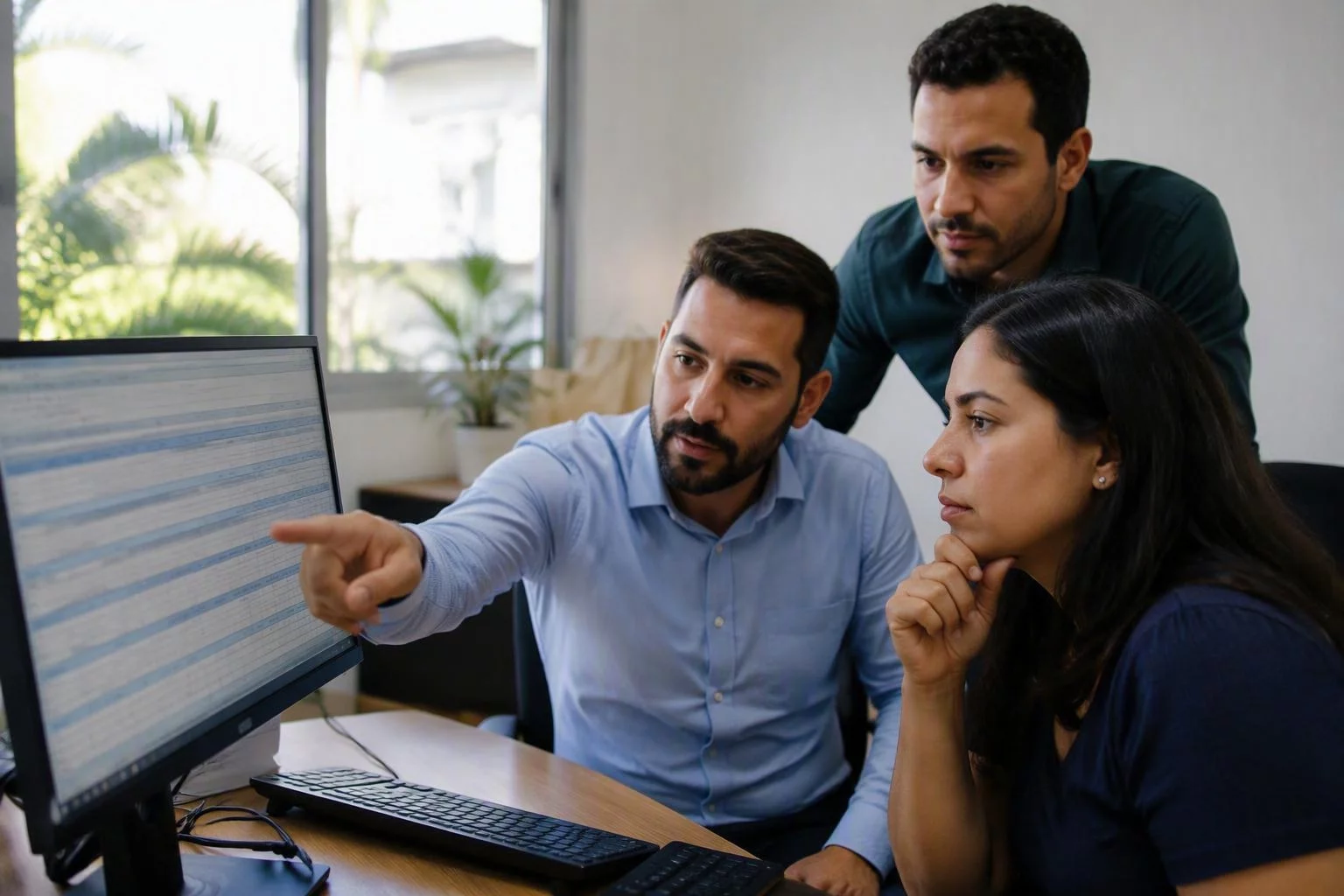 Equipe de um escritório de projetos conferindo o apontamento da semana na tela
