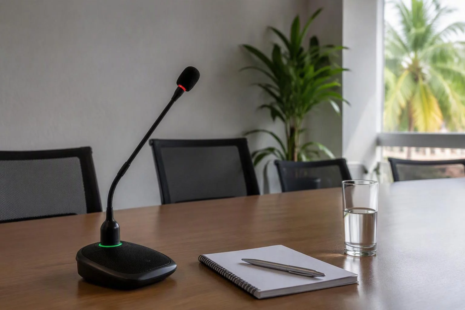 Microfone de mesa ligado antes da reunião mensal de leitura